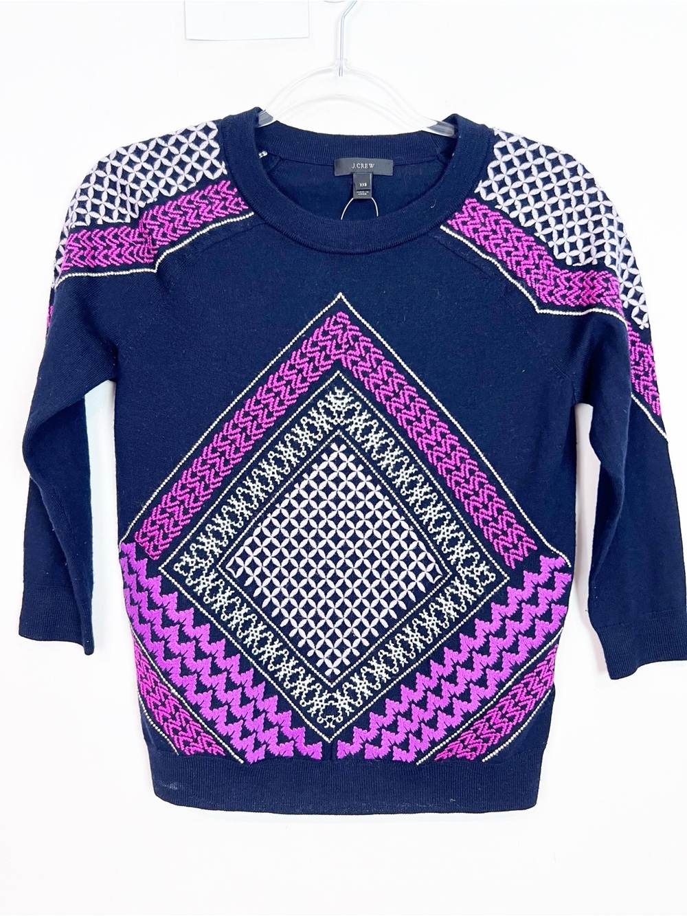 J. CREW NAVY WITH PINK EMBROIDERY 3/4 SLEEVE MERINO WOOL SWEATER SZ XXS